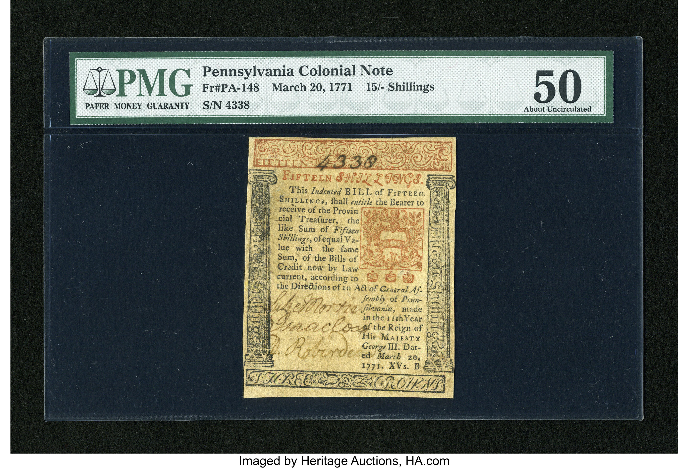 image for: Pennsylvania March 20, 1771 15s PMG About Unc 50....