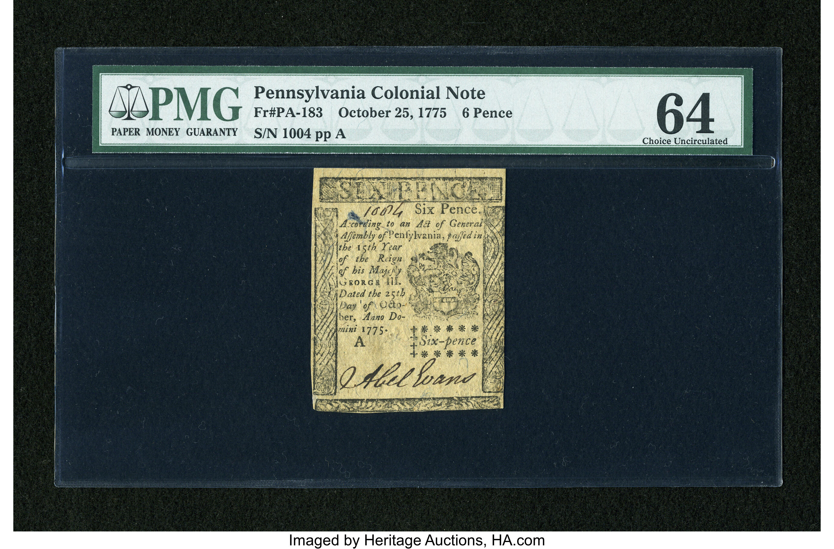 image for: Pennsylvania October 25, 1775 6d PMG Choice Uncirculated 64....
