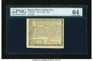 image for: Rhode Island July 2, 1780 $20 PMG Choice Uncirculated 64....