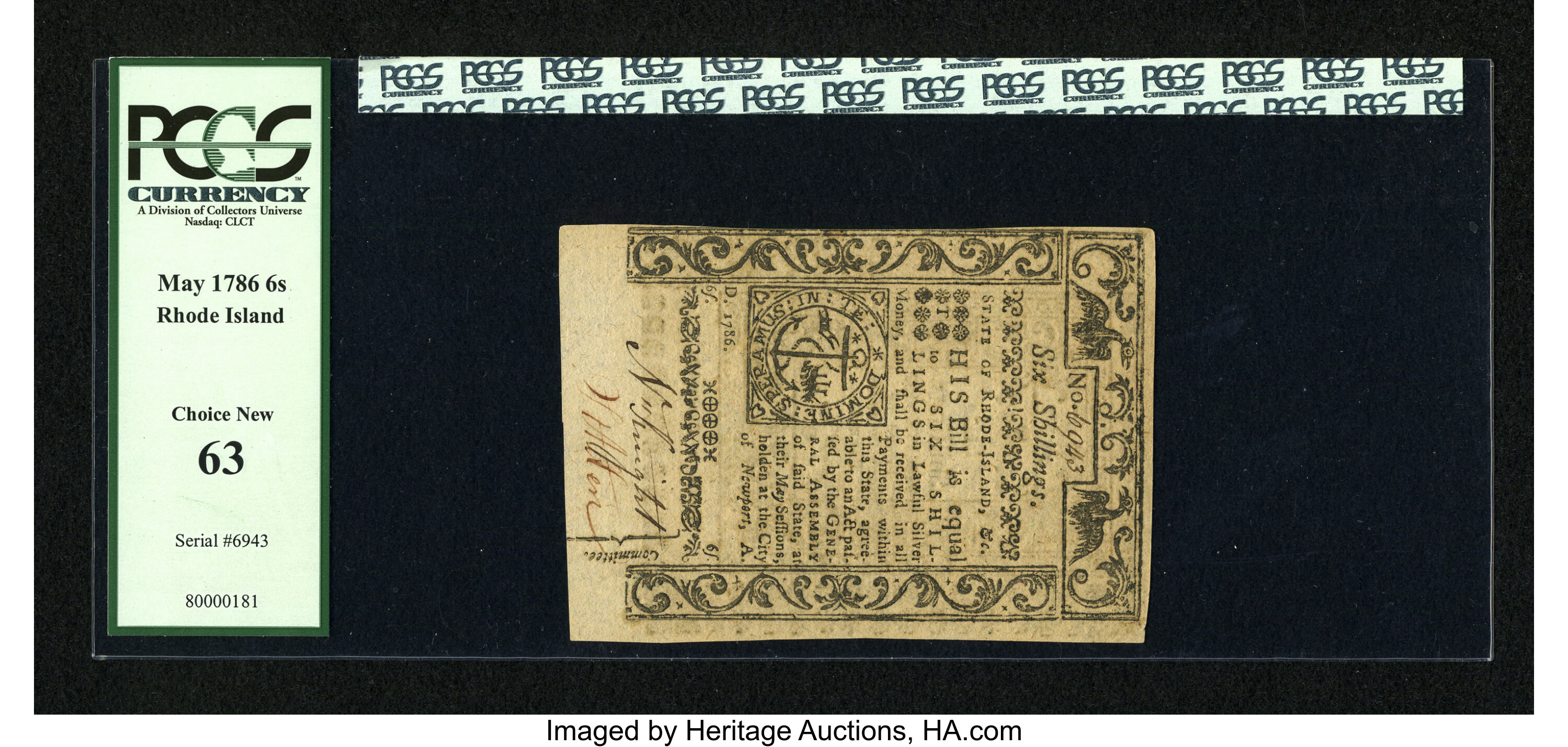 image for: Rhode Island May 1786 6s PCGS Choice New 63....