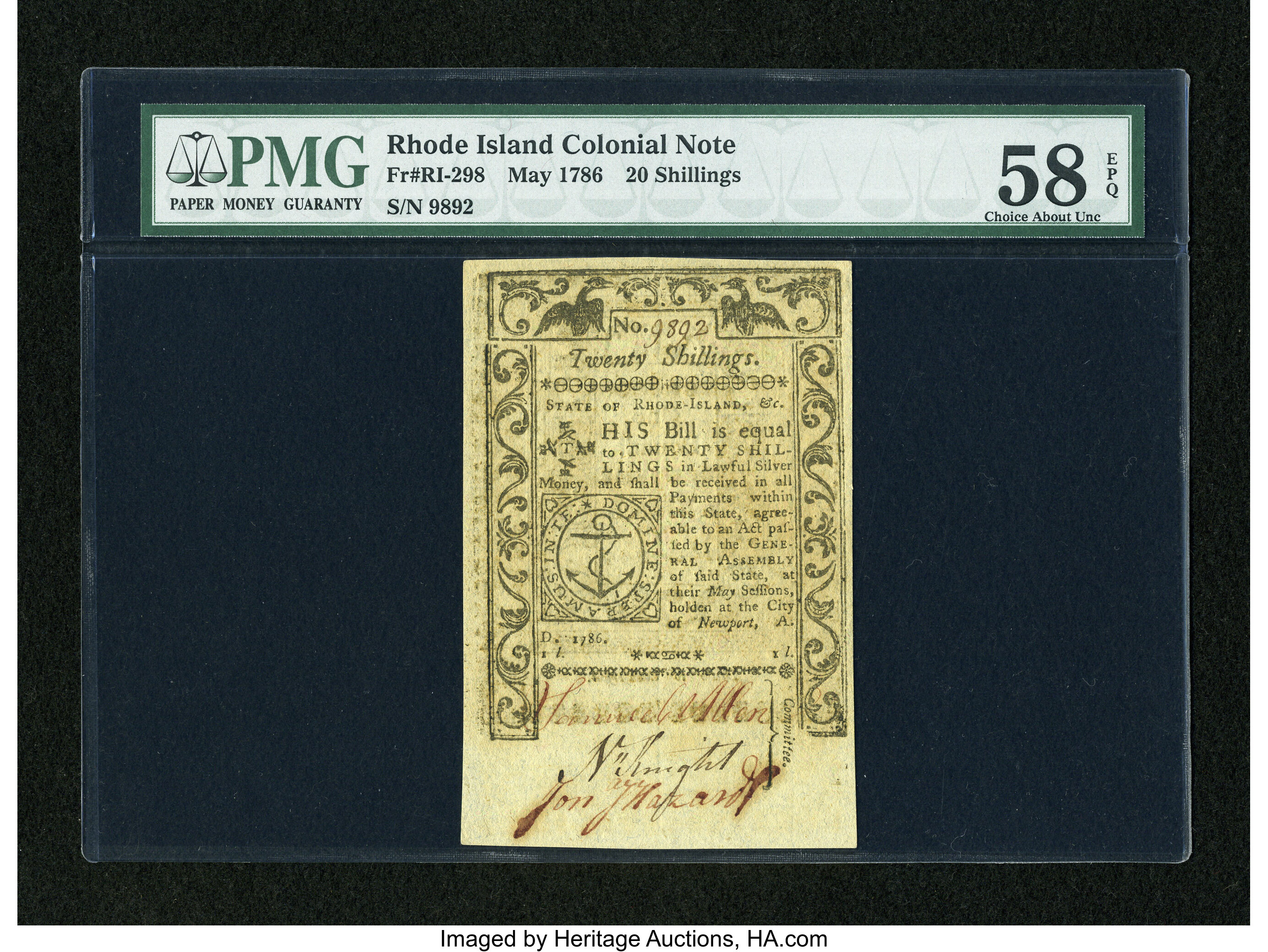 image for: Rhode Island May 1786 20s PMG Choice About Unc 58 EPQ....