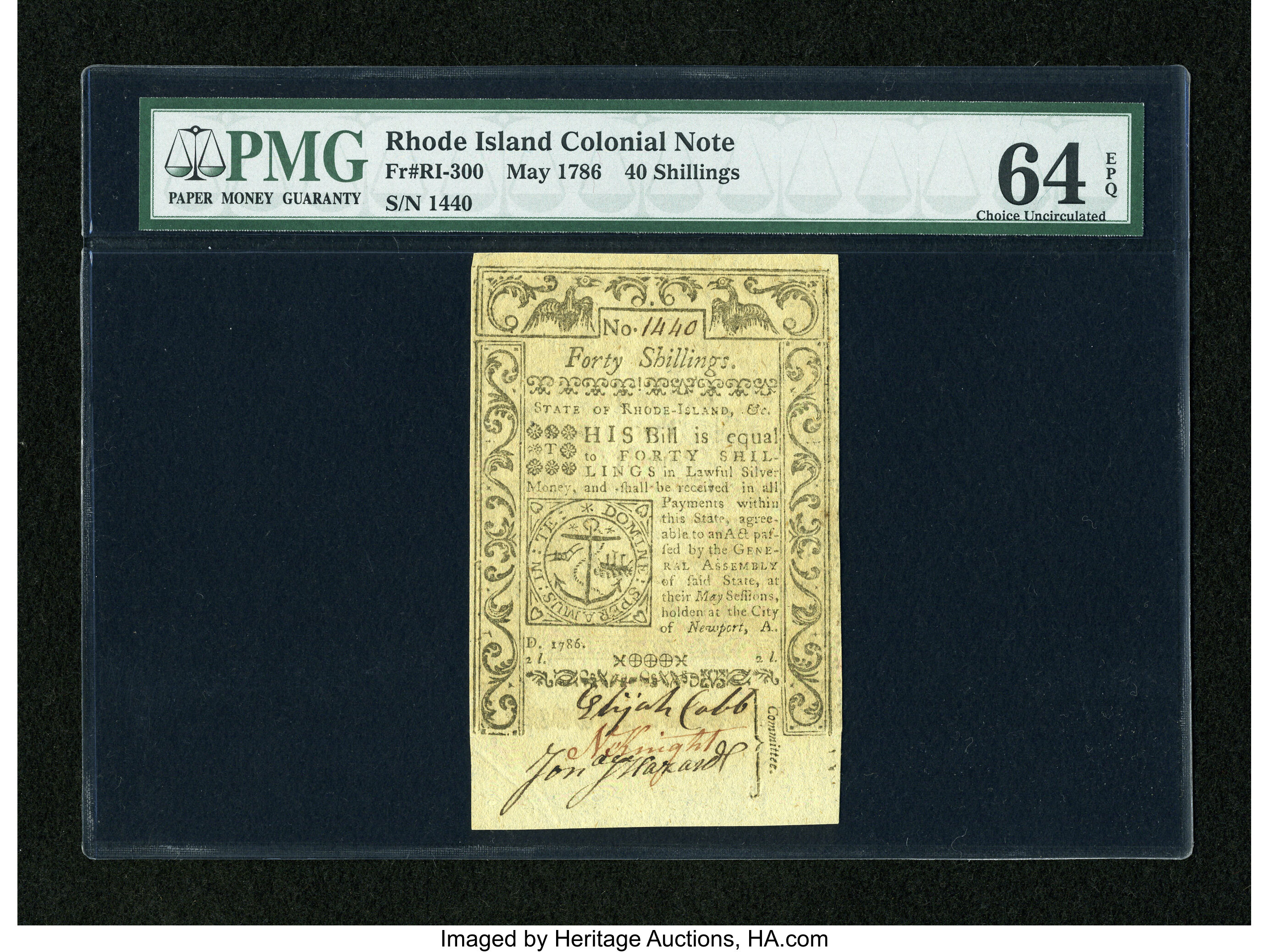 image for: Rhode Island May 1786 40s PMG Choice Uncirculated 64 EPQ....