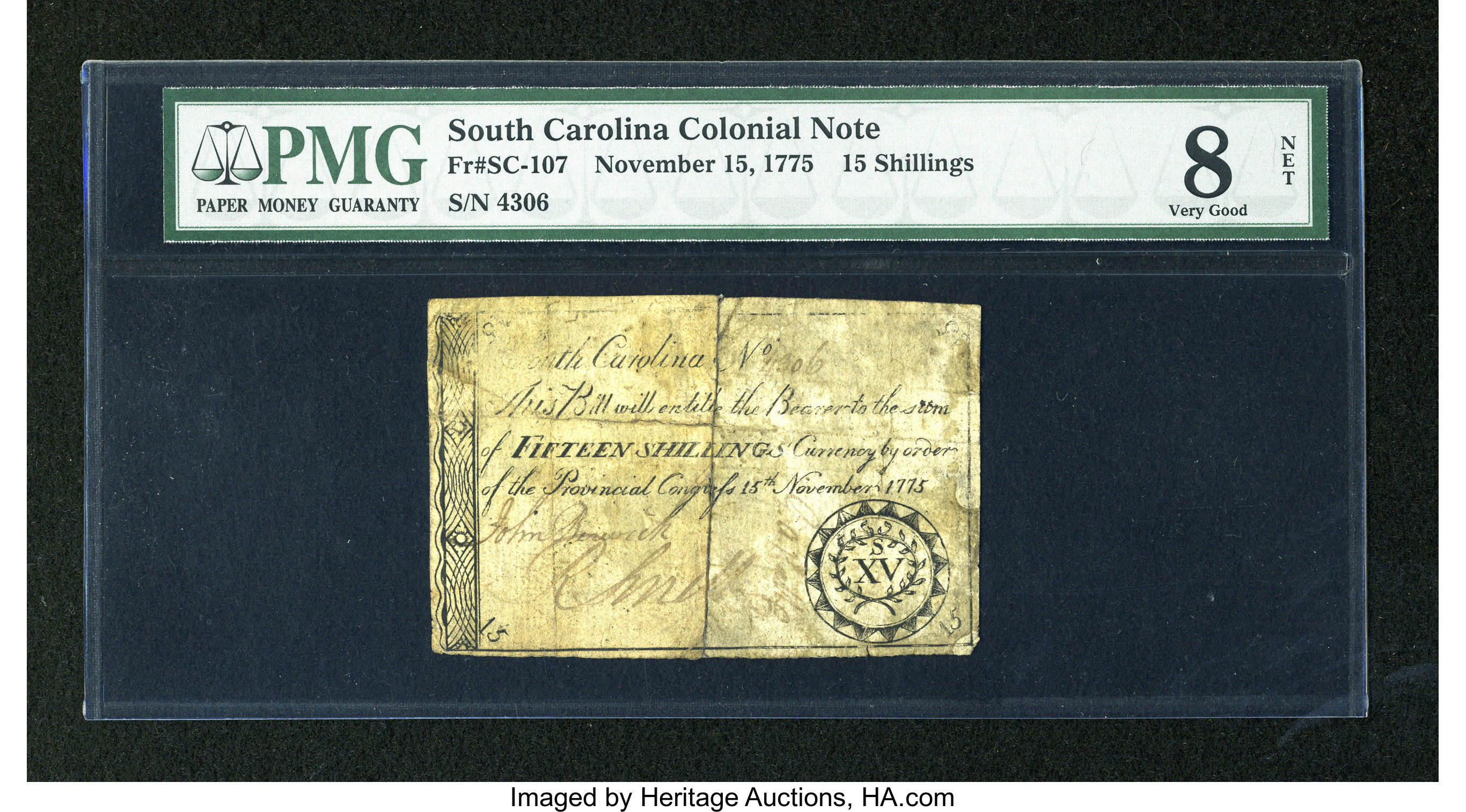 image for: South Carolina November 15, 1775 15s PMG Very Good 8 Net....