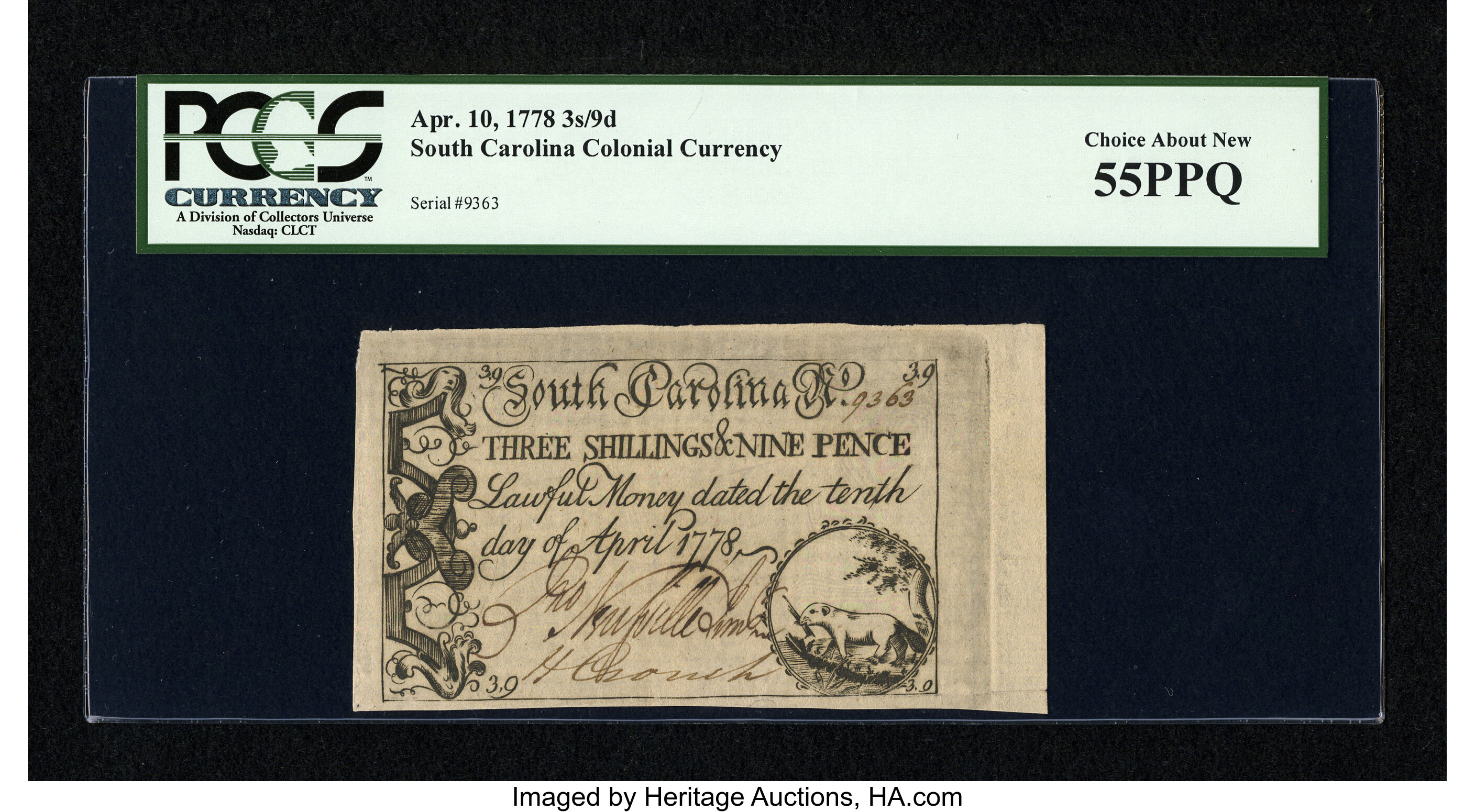 image for: South Carolina April 10, 1778 3s9d PCGS Choice About New 55PPQ....