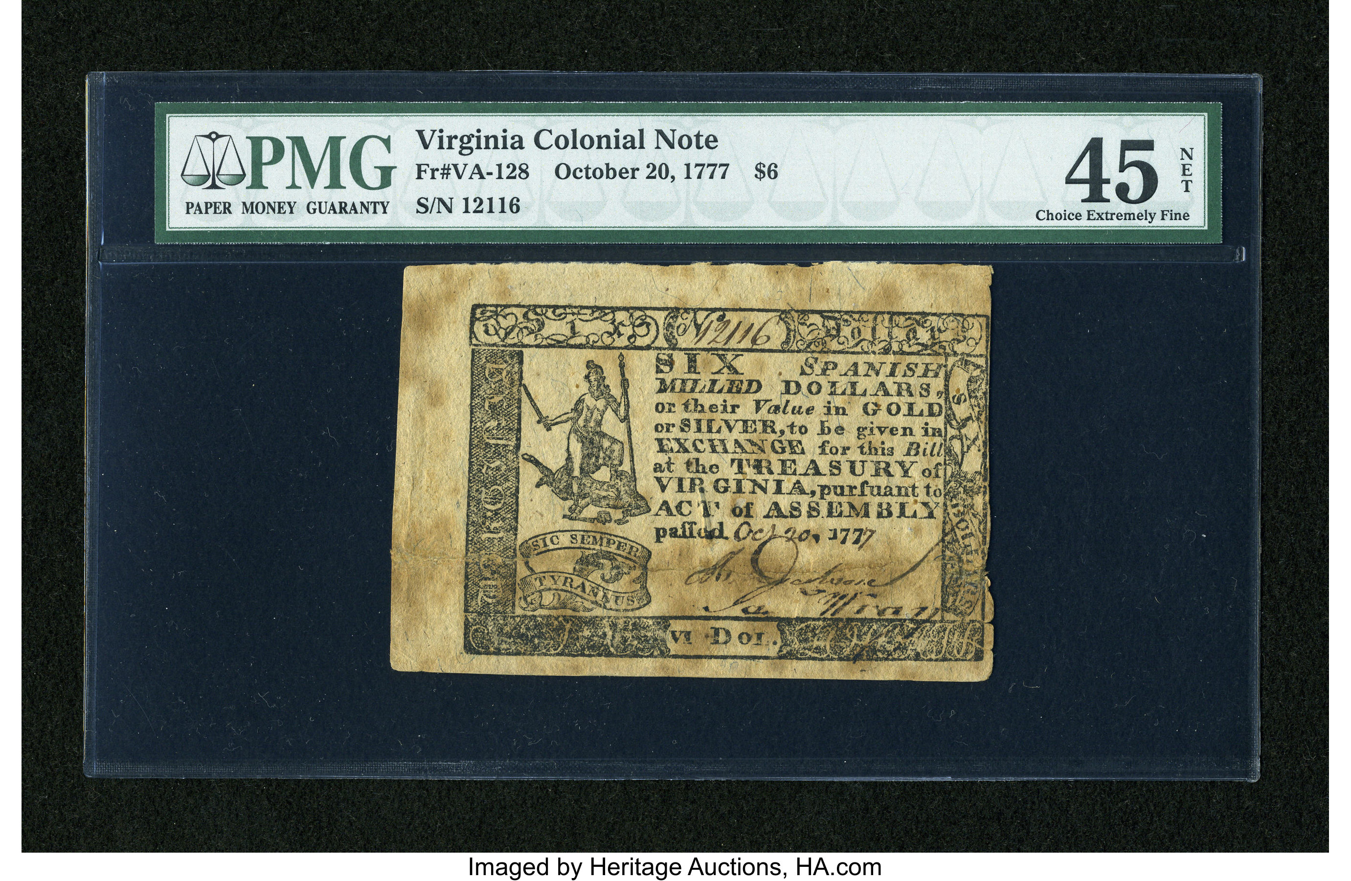image for: Virginia October 20, 1777 $6 PMG Choice Extremely Fine 45 Net....