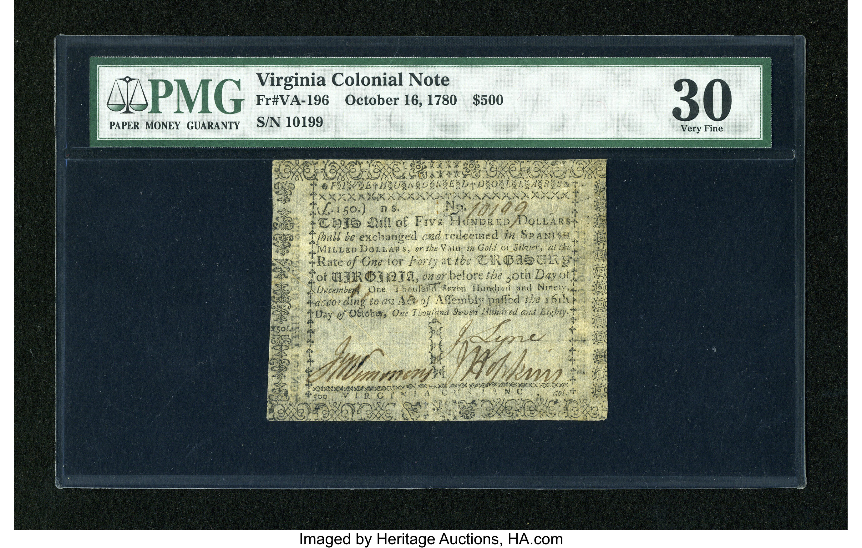 image for: Virginia October 16, 1780 $500 PMG Very Fine 30....