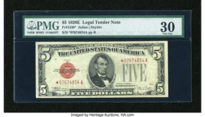 image for: Fr. 1530* $5 1928E Legal Tender Star Note. PMG Very Fine 30....