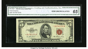 image for: Fr. 1532* $5 1953 Legal Tender Star Note. CGA Gem Uncirculated 65....
