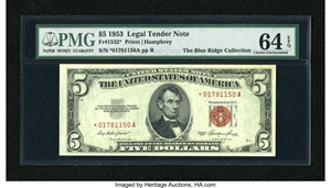 image for: Fr. 1532* $5 1953 Legal Tender Star Note. PMG Choice Uncirculated 64 EPQ....