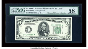 image for: Fr. 1960-H* $5 1934D Federal Reserve Star Note. PMG Choice About Unc 58....