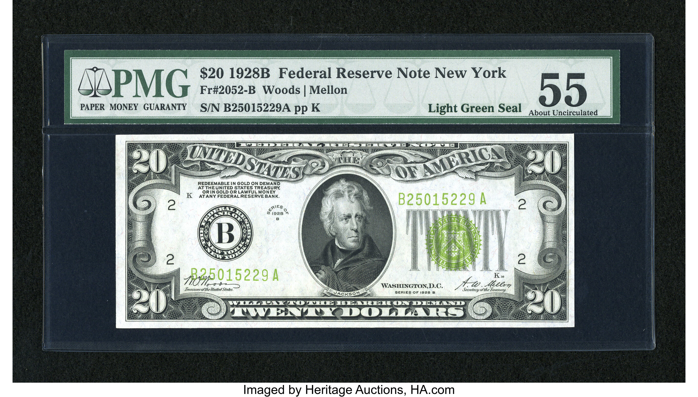 image for: Fr. 2052-B $20 1928B Light Green Seal Federal Reserve Note. PMG About Uncirculated 55....