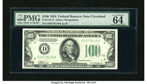 image for: Fr. 2152-D $100 1934 Dark Green Seal Federal Reserve Note. PMG Choice Uncirculated 64 EPQ....