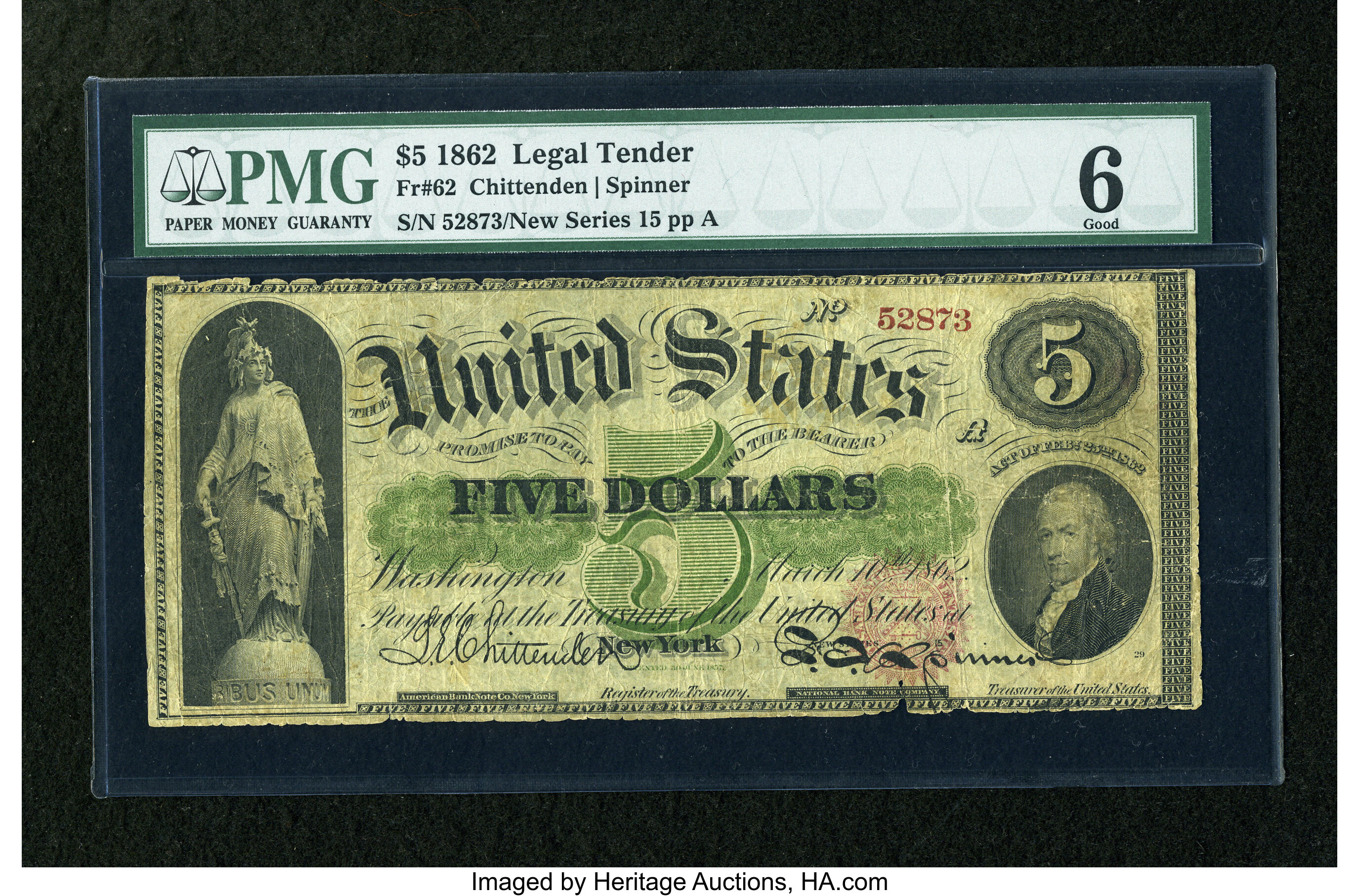 image for: Fr. 62 $5 1862 Legal Tender PMG Good 6....