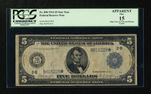 image for: Fr. 850 $5 1914 Federal Reserve Star Note PCGS Apparent Fine 15....