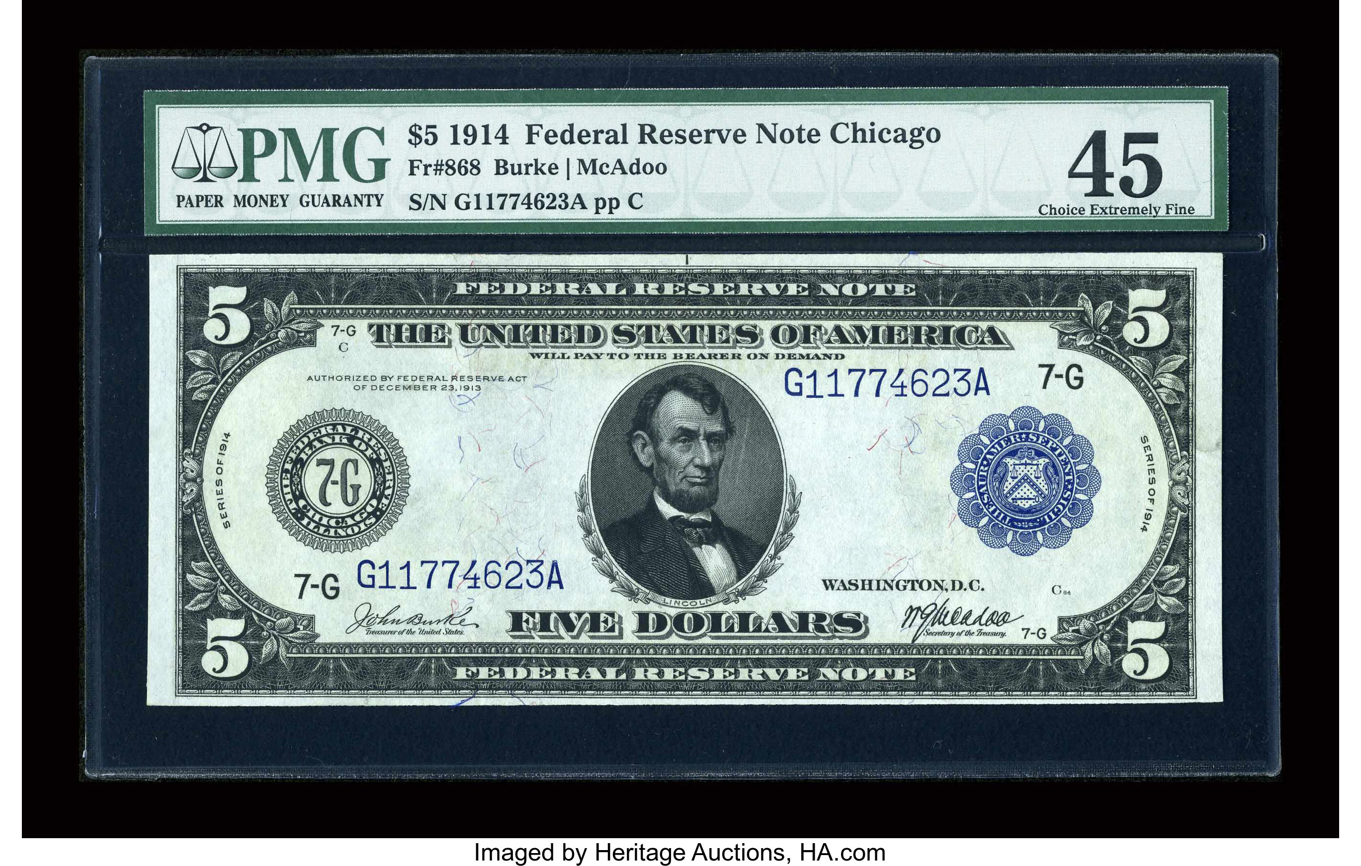 image for: Fr. 868 $5 1914 Federal Reserve Note PMG Choice Extremely Fine 45....