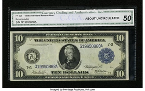 image for: Fr. 928 $10 1914 Federal Reserve Note CGA About Uncirculated 50....