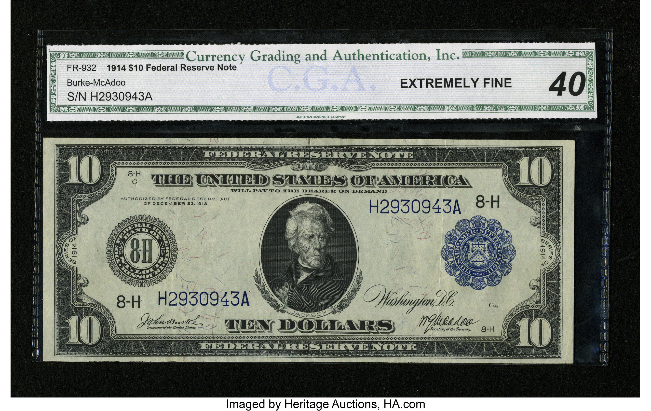 image for: Fr. 932 $10 1914 Federal Reserve Note CGA Extremely Fine 40....