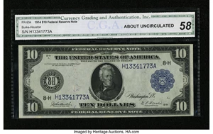 image for: Fr. 934 $10 1914 Federal Reserve Note CGA About Uncirculated 58....
