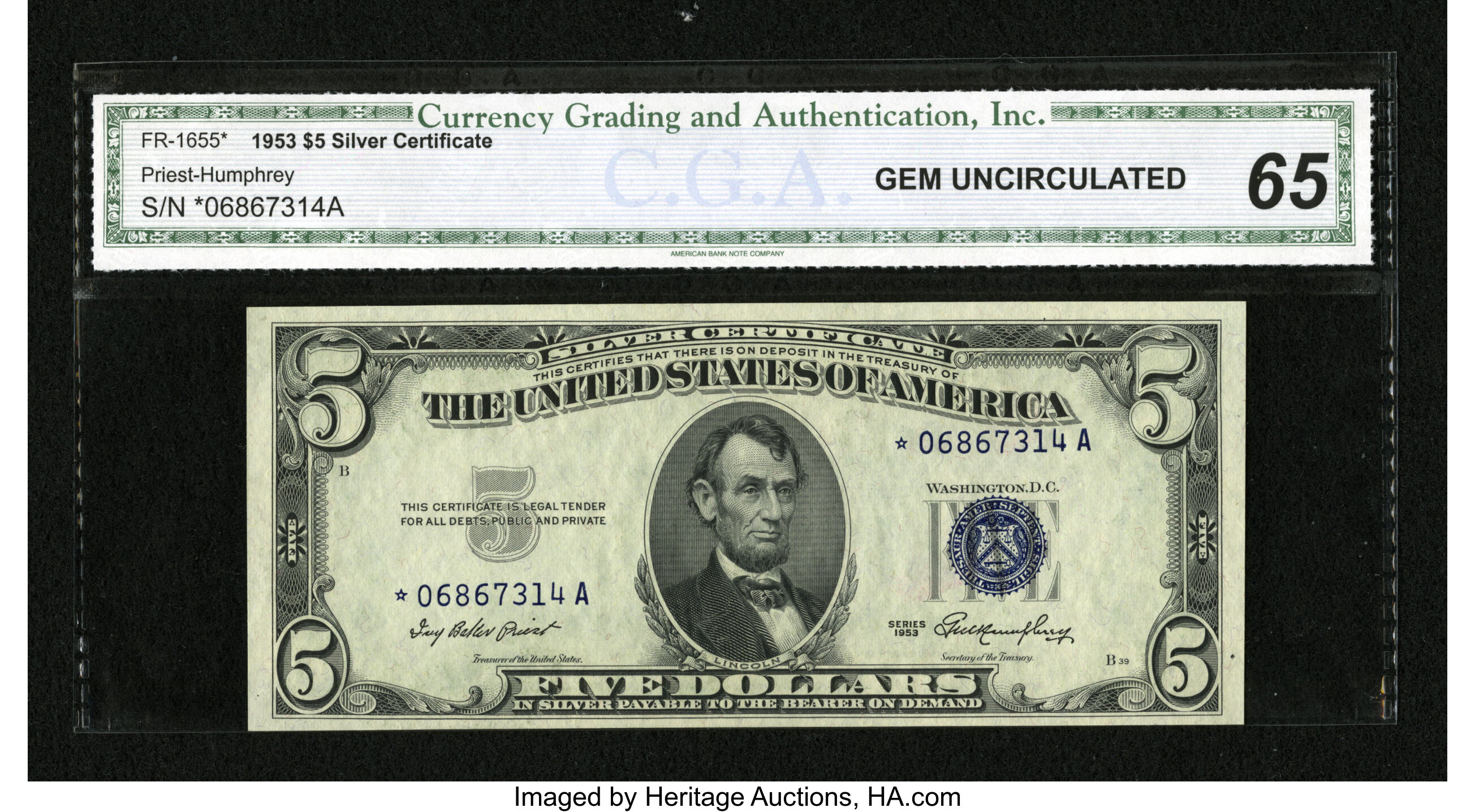 image for: Fr. 1655* $5 1953 Silver Certificate Star. CGA Gem Uncirculated 65....