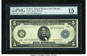 image for: Fr. 870 $5 1914 Federal Reserve Note PMG Choice Fine 15....