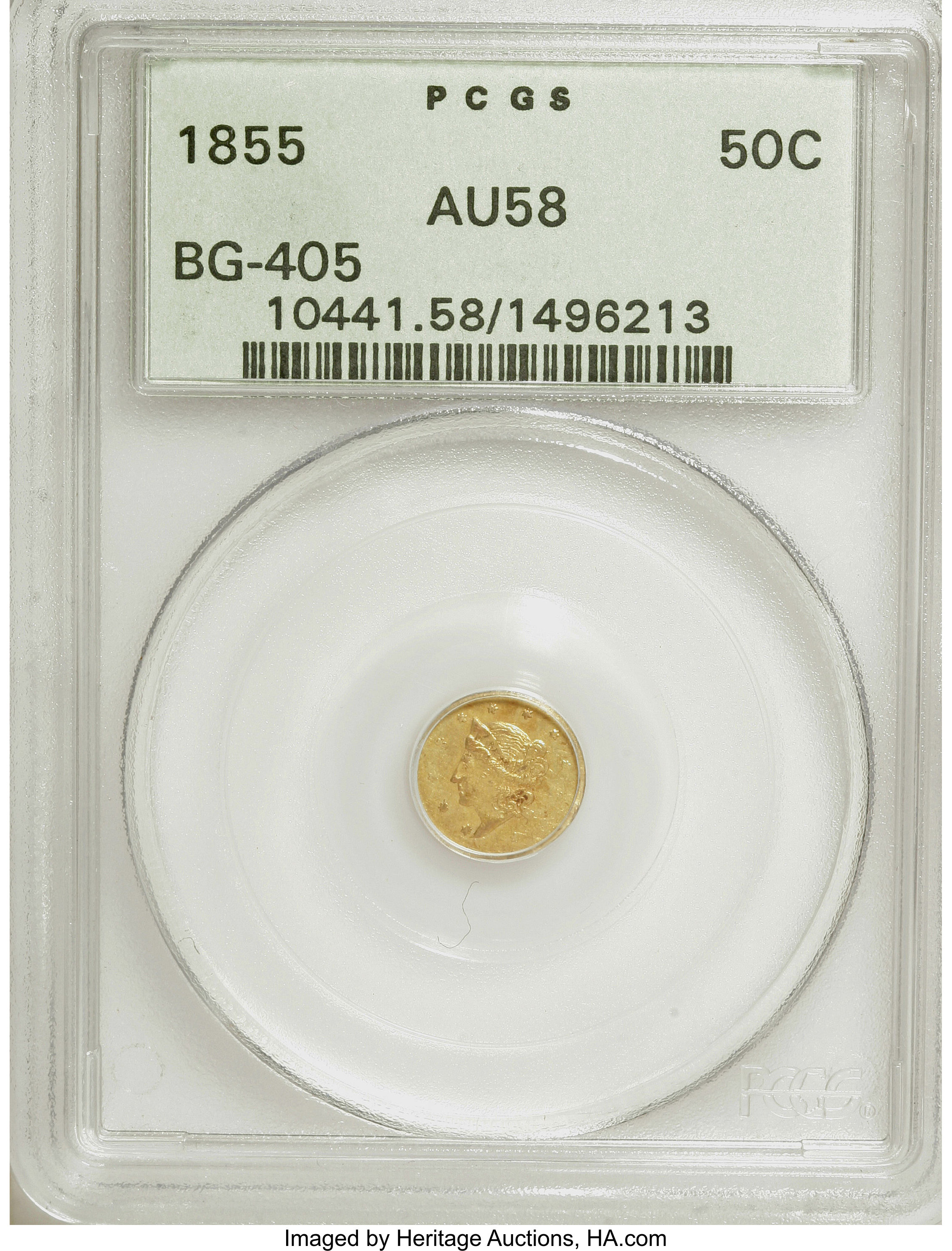 image for: 1855 50C Liberty Round 50 Cents, BG-405, R.5, AU58 PCGS. PCGS Population (10/14). NGC Census: (0/3).   (#10441)From The...