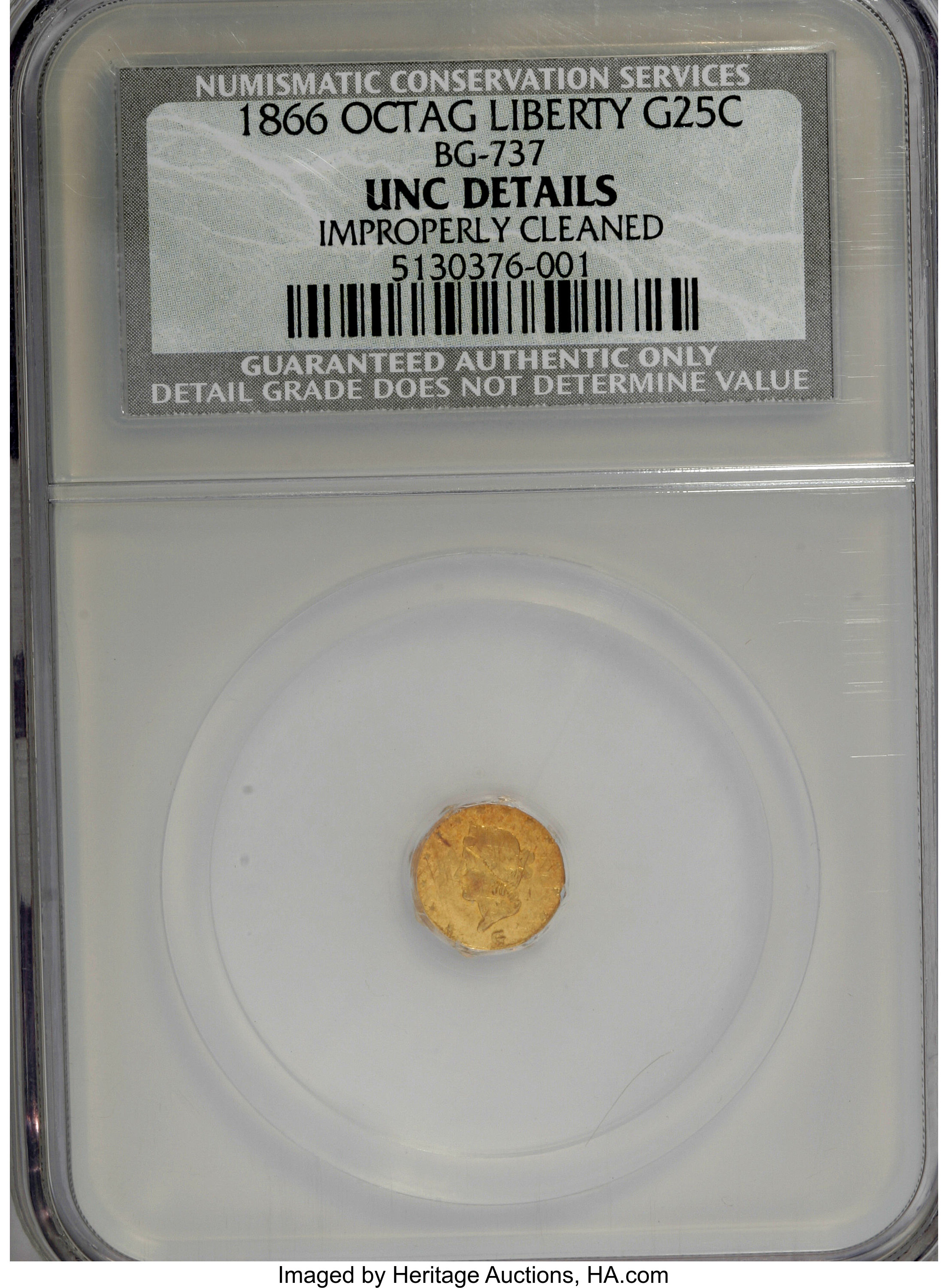 image for: 1866 25C Liberty Octagonal 25 Cents, BG-737, R.5,--Improperly Cleaned--NCS. Unc Details. NGC Census: (0/1). PCGS Population...