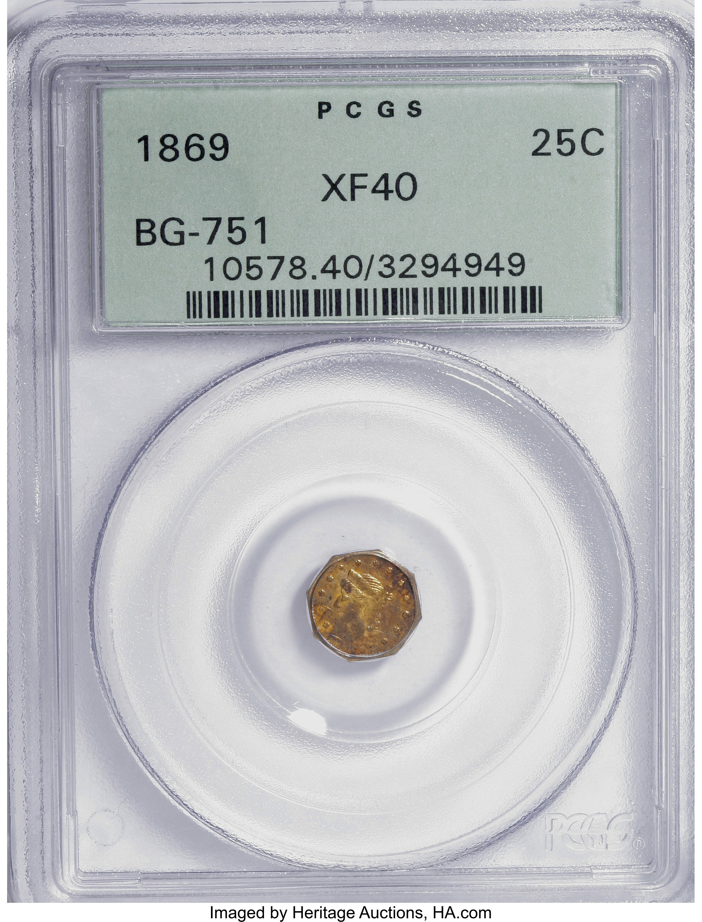 image for: 1869 25C Liberty Octagonal 25 Cents, BG-751, High R.4, XF40 PCGS. PCGS Population (1/61). NGC Census: (0/4).   (#10578)...