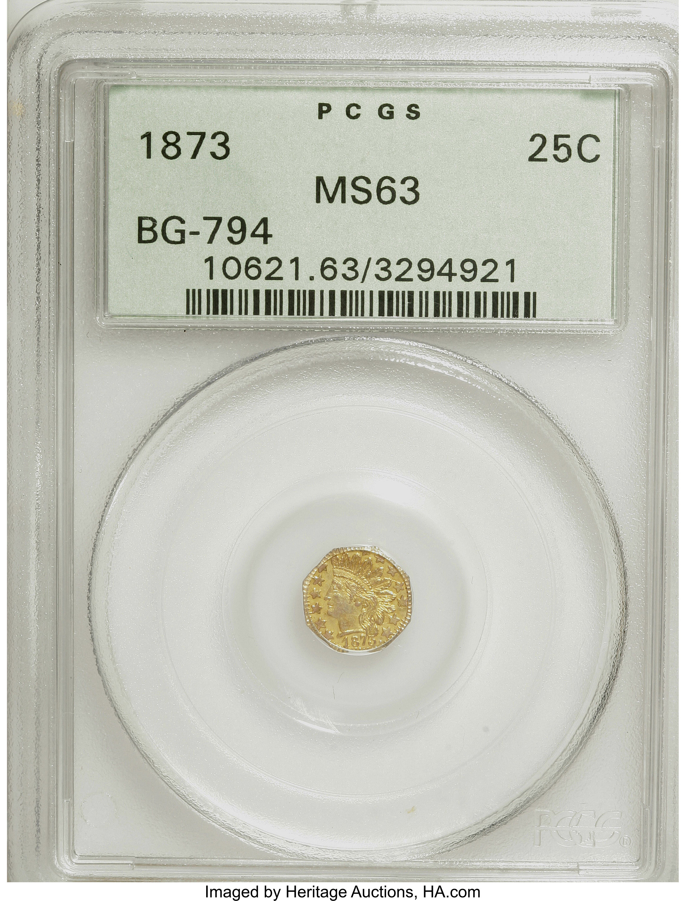 image for: 1873 25C Indian Octagonal 25 Cents, BG-794, High R.5, MS63 PCGS. PCGS Population (5/16). NGC Census: (0/1).   (#10621)F...