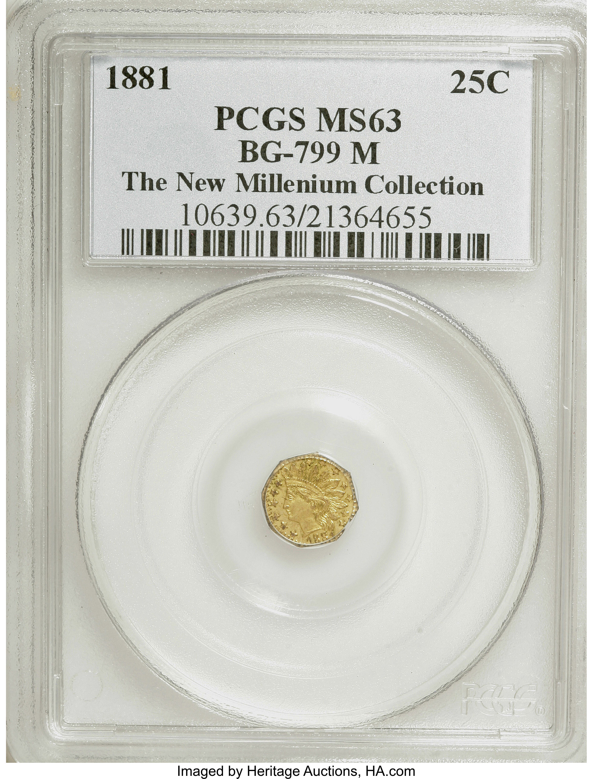 image for: 1881 25C Indian Octagonal 25 Cents, BG-799M, Low R.5, MS63 PCGS. Ex: The New Millenium Collection. PCGS Population (20/23)....