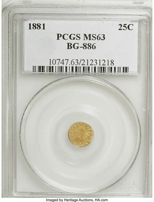 image for: 1881 25C Indian Round 25 Cents, BG-886, High R.5, MS63 PCGS. PCGS Population (9/14). NGC Census: (0/6). (#10747)From ...