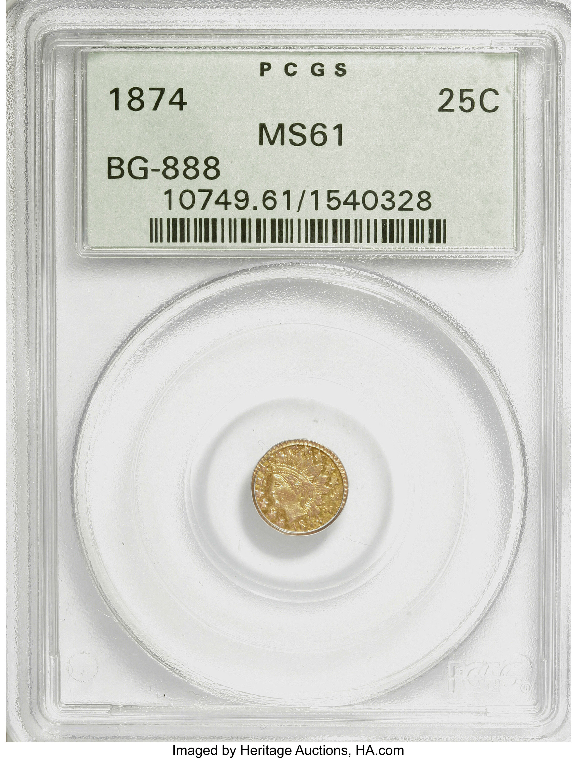 image for: 1874 25C Indian Round 25 Cents, BG-888, Low R.5, MS61 PCGS. PCGS Population (1/36). NGC Census: (0/6).   (#10749)From T...