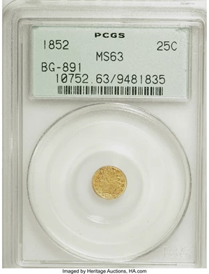 image for: 1852 25C Indian Round 25 Cents, BG-891, Low R.5, MS63 PCGS. PCGS Population (9/23). NGC Census: (2/2). (#10752)From T...