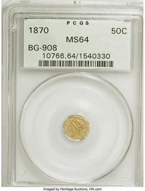 image for: 1870 50C Liberty Octagonal 50 Cents, BG-908, R.5, MS64 PCGS. PCGS Population (11/15). NGC Census: (0/4). (#10766)From...