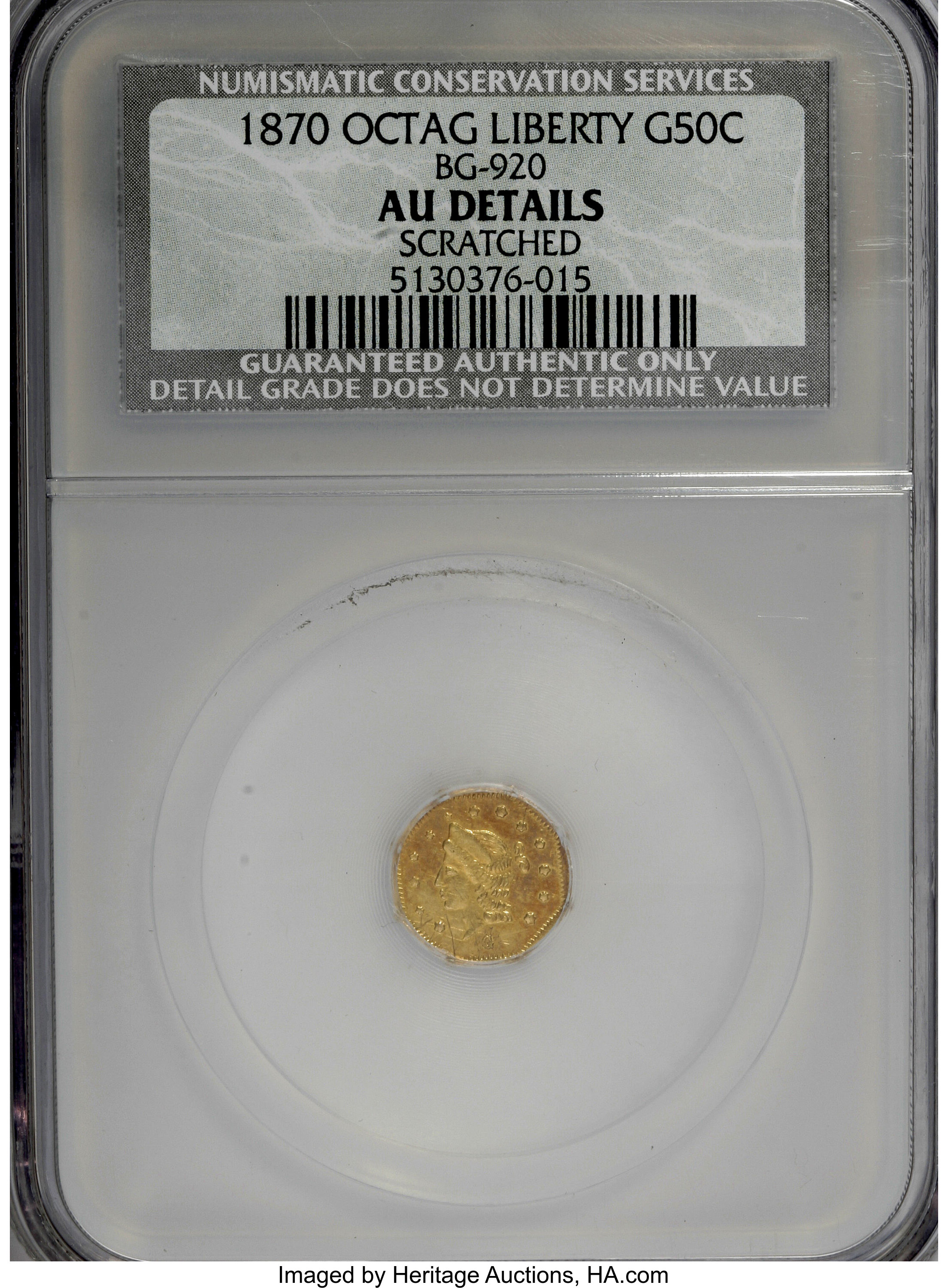 image for: 1870 50C Liberty Octagonal 50 Cents, BG-920, High R.4,--Scratched--NCS. AU Details. NGC Census: (0/6). PCGS Population (6/5...