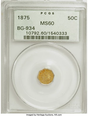 image for: 1875 50C Indian Octagonal 50 Cents, BG-934, R.4, MS60 PCGS. PCGS Population (1/48). NGC Census: (0/14). (#10792)From ...