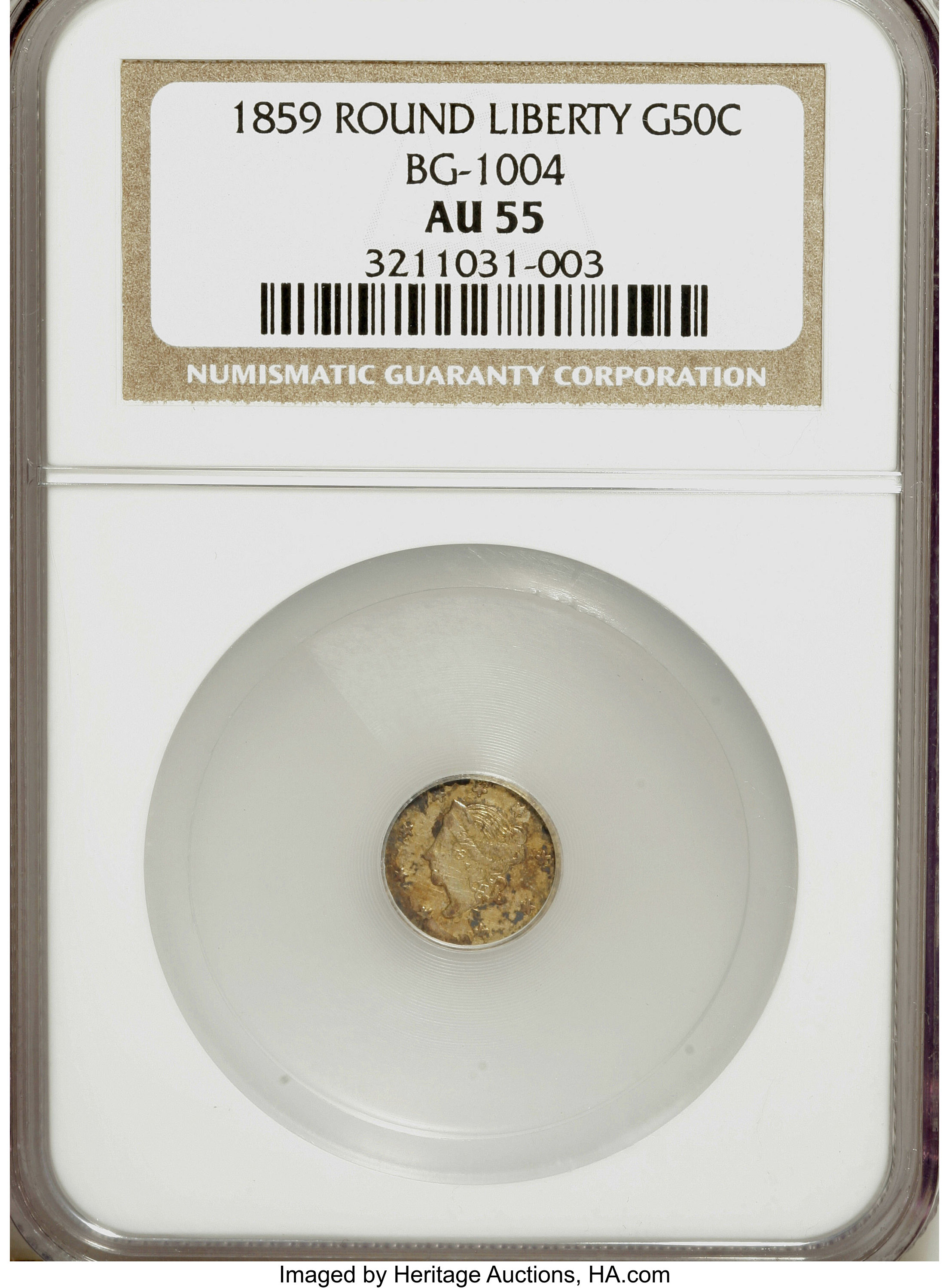 image for: 1859 50C Liberty Round 50 Cents, BG-1004, Low R.6, AU55 NGC. NGC Census: (0/2). PCGS Population (0/12).   (#10833)From ...
