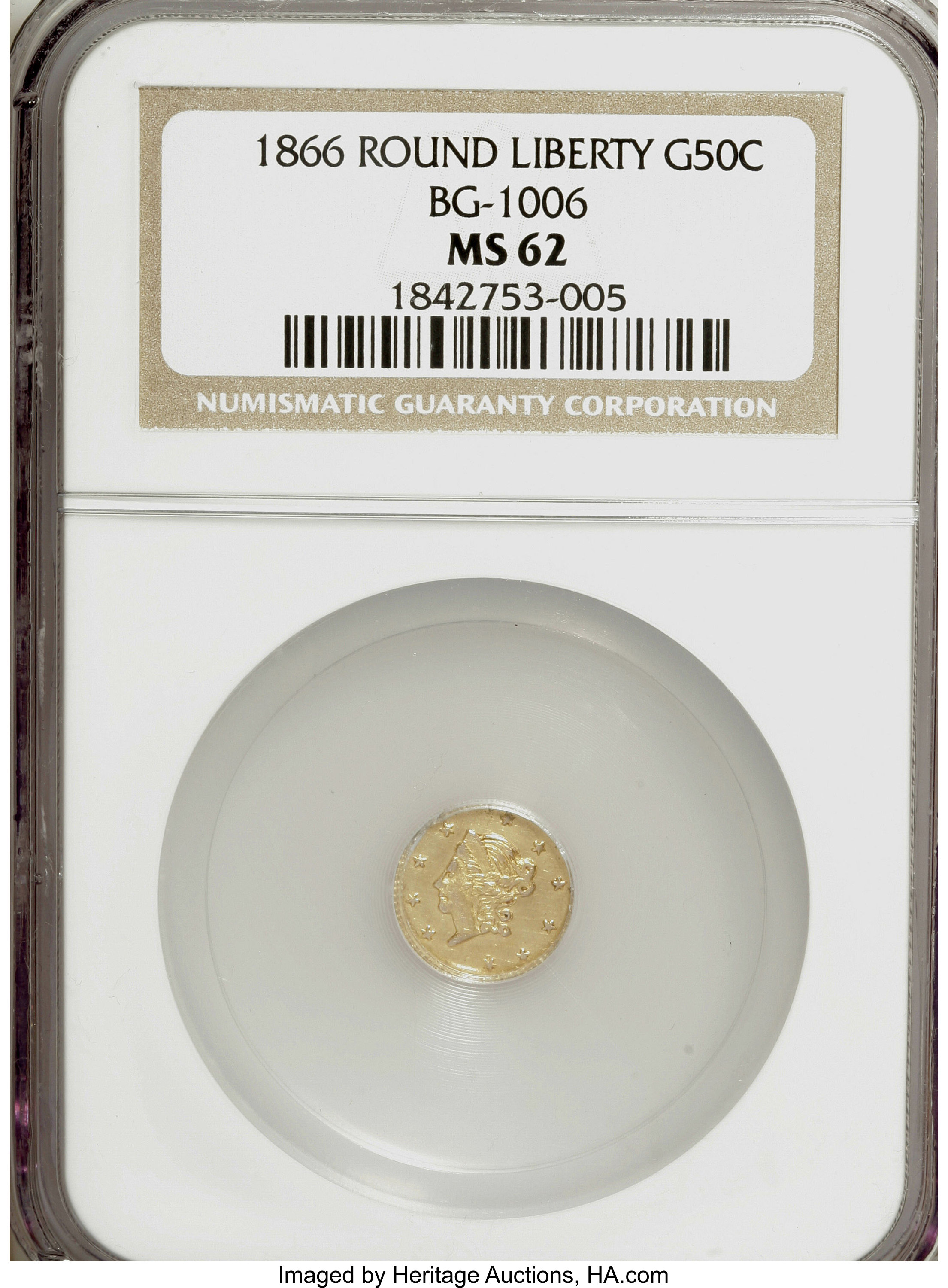 image for: 1866 50C Liberty Round 50 Cents, BG-1006, R.5, MS62 NGC. NGC Census: (2/4). PCGS Population (3/21).   (#10835)From The ...