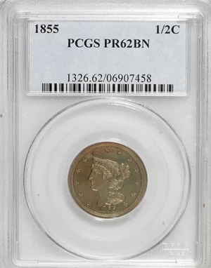 image for: 1855 1/2 C PR62 Brown PCGS....