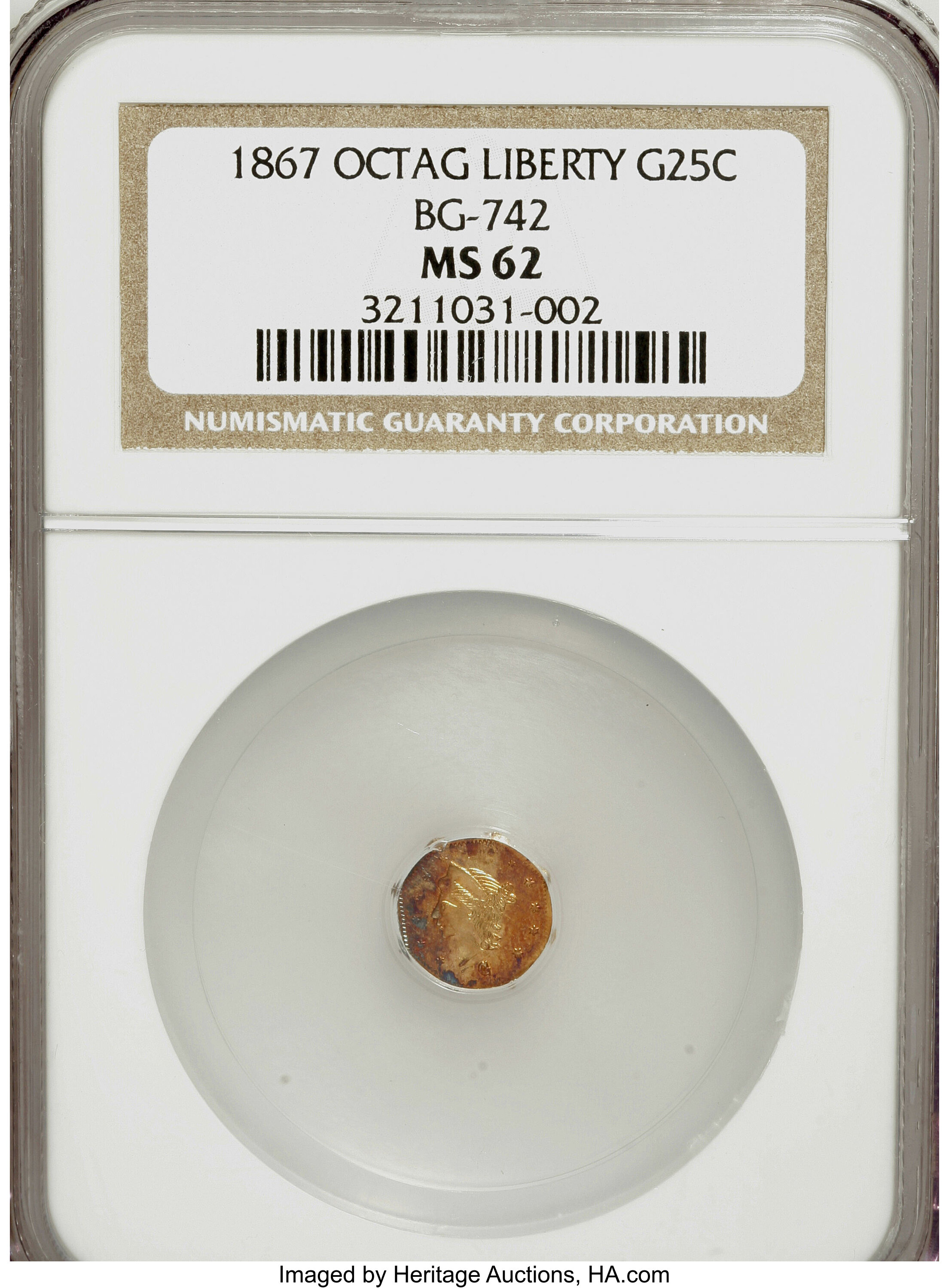 image for: 1867 25C Liberty Octagonal 25 Cents, BG-742, Low R.7, MS62 NGC....