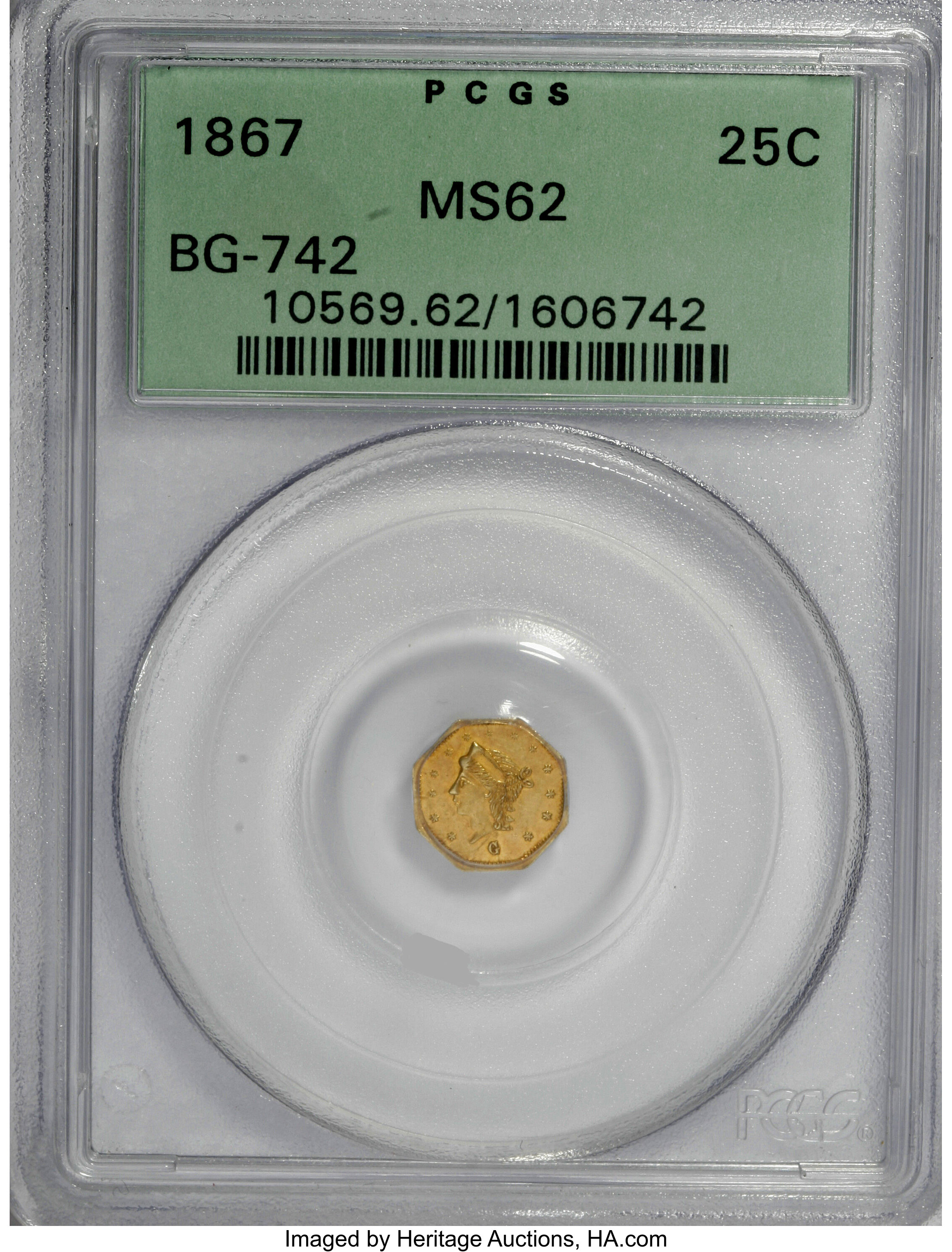 image for: 1867 25C Liberty Octagonal 25 Cents, BG-742, Low R.7, MS62 PCGS....