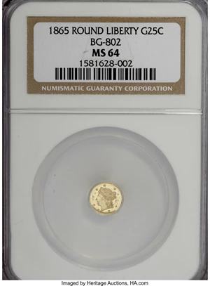 image for: 1865 25C Liberty Round 25 Cents, BG-802, Low R.5, MS64 NGC....