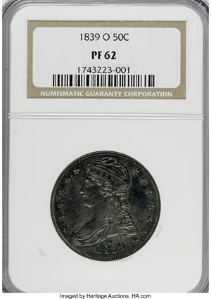 image for: 1839-O 50C Capped Bust, Reeded Edge PR62 NGC.