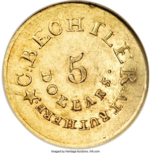 image for: (1834-37) $5 C. Bechtler Five Dollar, 20 Distant, RUTHERF AU58 NGC....