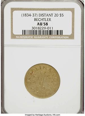 image for: (1834-37) $5 C. Bechtler Five Dollar, 20 Distant, RUTHERF AU58 NGC....