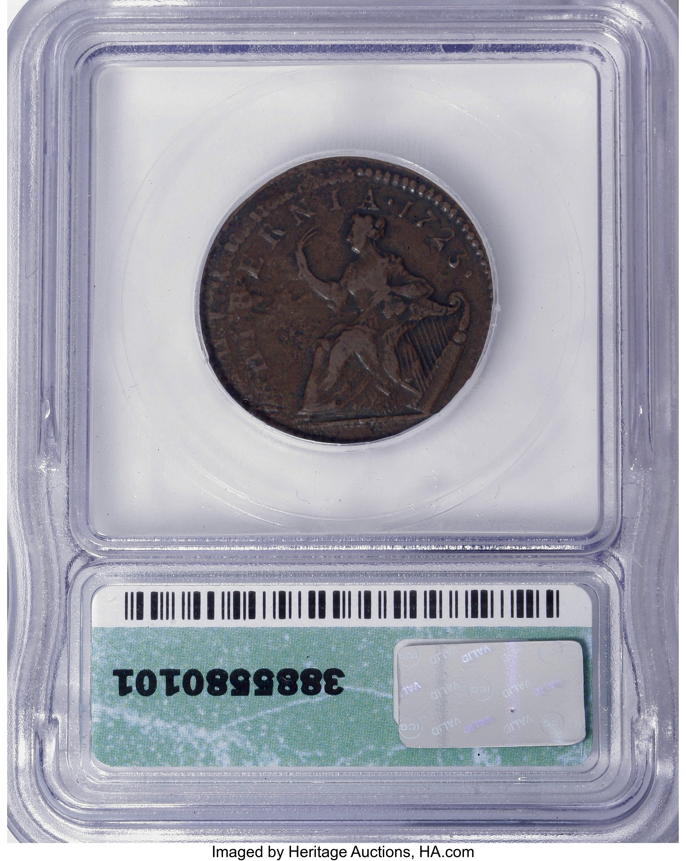 image for: 1723 1/2 P Hibernia Halfpenny, Ireland, Double Struck--Corroded--ICG. VF20 Details. NGC Census: (0/0). PCGS Population (0/4...