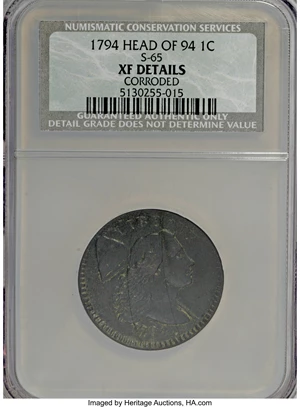 image for: 1794 1C Head of 1794, S-65, B-51, R.1--Corroded--NCS. XF Details. NGC Census: (0/0). PCGS Population (0/1). (#35654)...