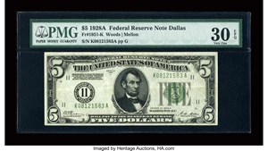 image for: Fr. 1951-K $5 1928A Federal Reserve Note. PMG Very Fine 30 EPQ....