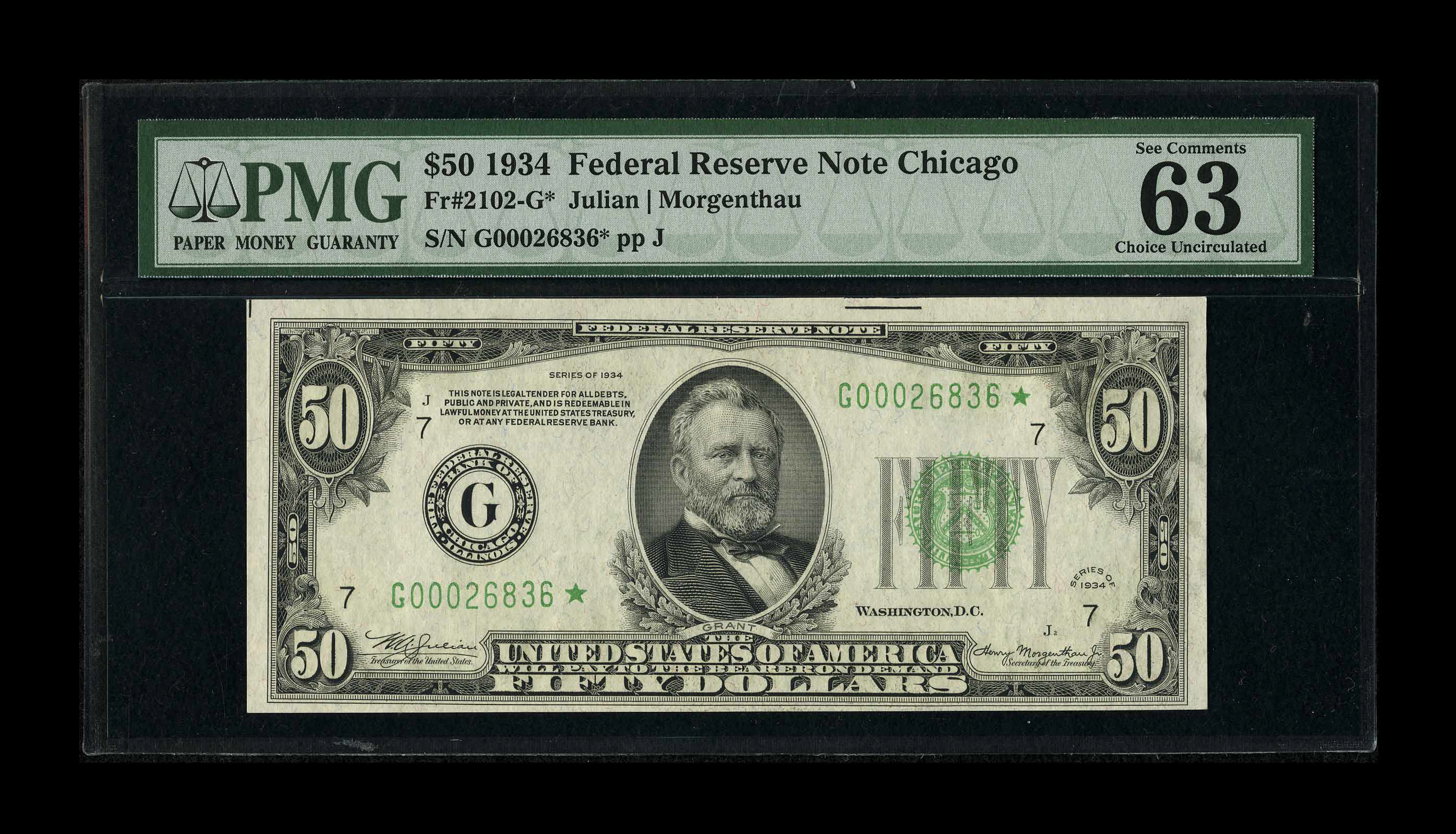 image for: Fr. 2102-G* $50 1934 Federal Reserve Note. PMG Choice Uncirculated 63 EPQ....