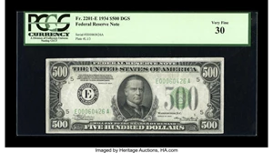 image for: Fr. 2201-E $500 1934 Federal Reserve Note. PCGS Very Fine 30....