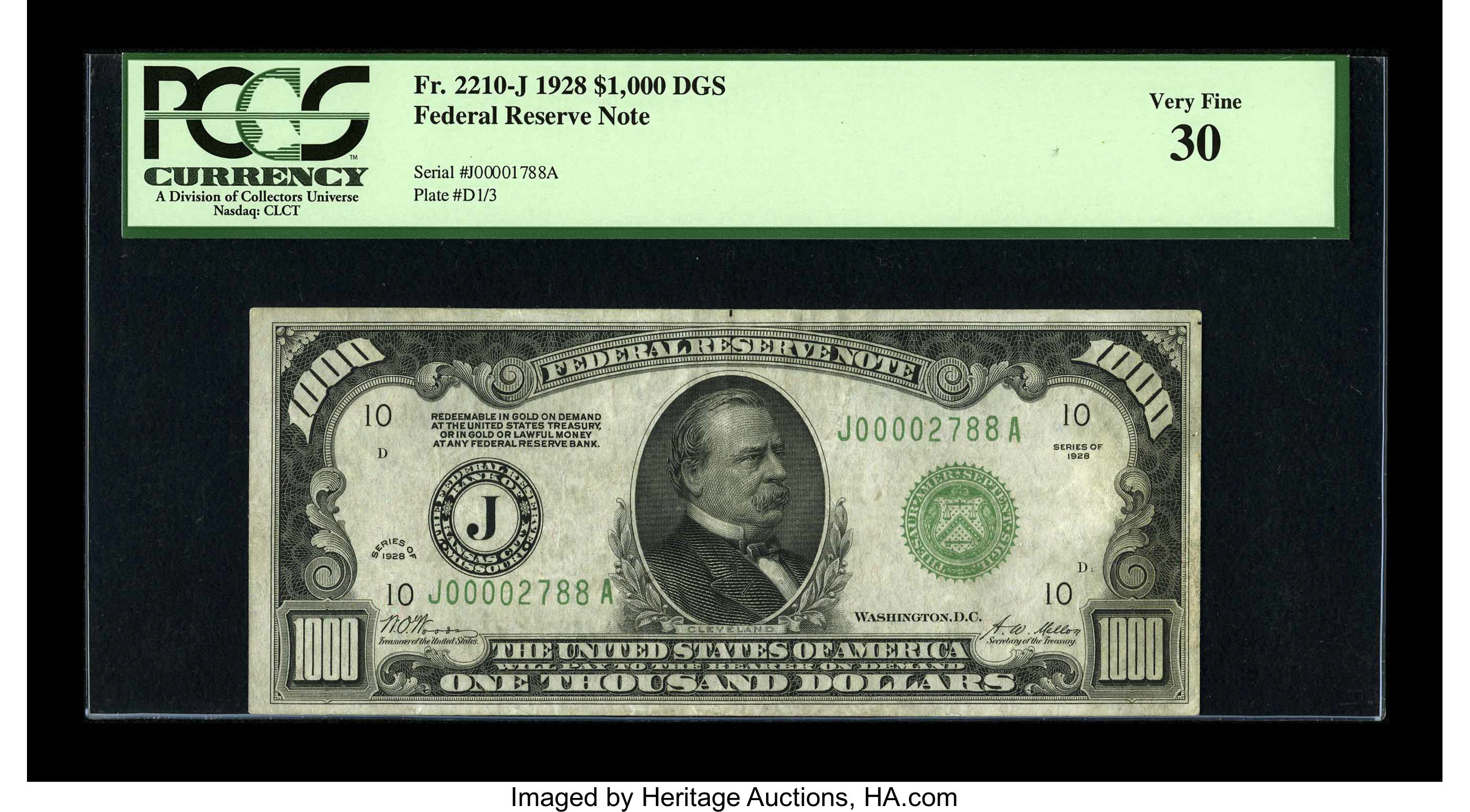 image for: Fr. 2210-J $1000 1928 Federal Reserve Note. PCGS Very Fine 30....